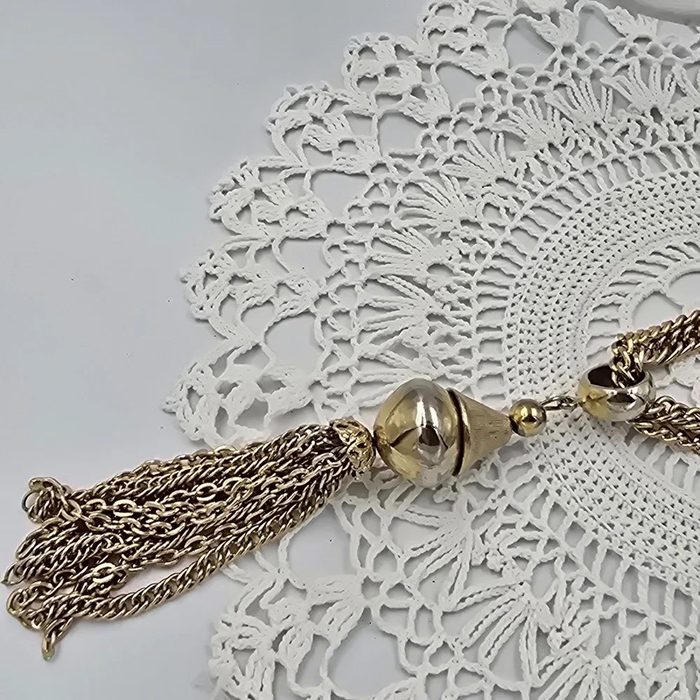 Vintage Tassel Double Chain Necklace Layered Two Tone 20
